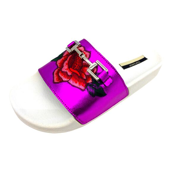 Topshop Fierce Metallic Purple Fuchsia Pink  Floral Rose Bit  Slides Sandals 5.5 - Picture 1 of 11